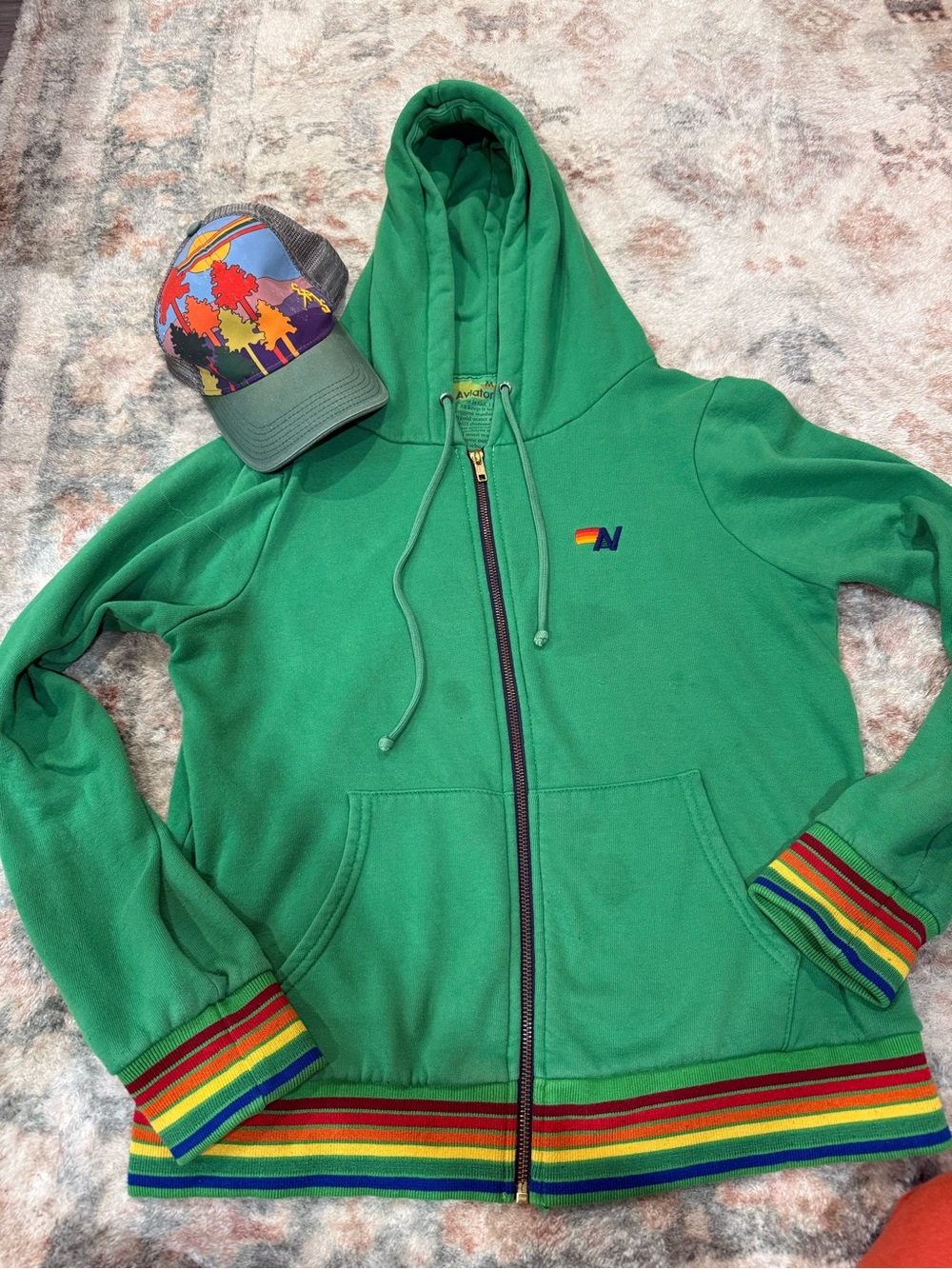 Aviator Nation green zip Hoodie with Rainbow Trim